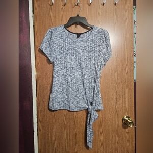 W5 Women’s Ribbed Tie Front Top Heathered Blue White Short Sleeve, Size Small